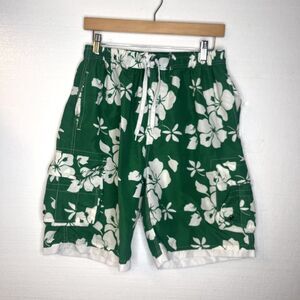 Low Apparel Green White Hawaiian Hibiscus Cargo Swim Trunks size large
